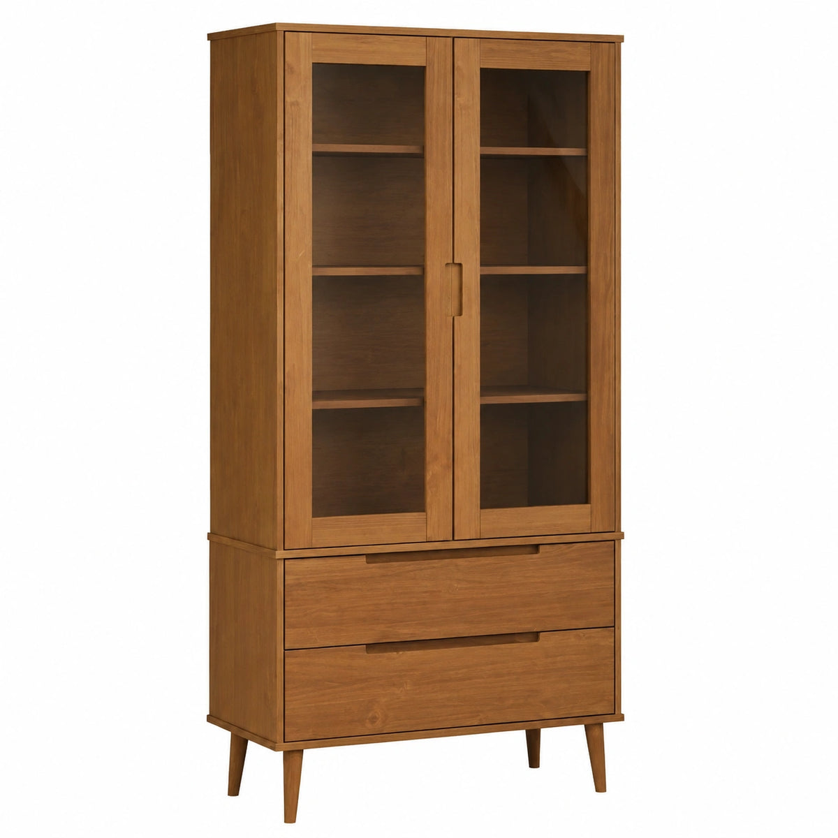Vitrinenschrank – 90 × 35 × 175 cm, mit Stauraum, mit Schubladen, aus Kiefernholz, Braun, für Wohnzimmer, Schlafzimmer und Büro