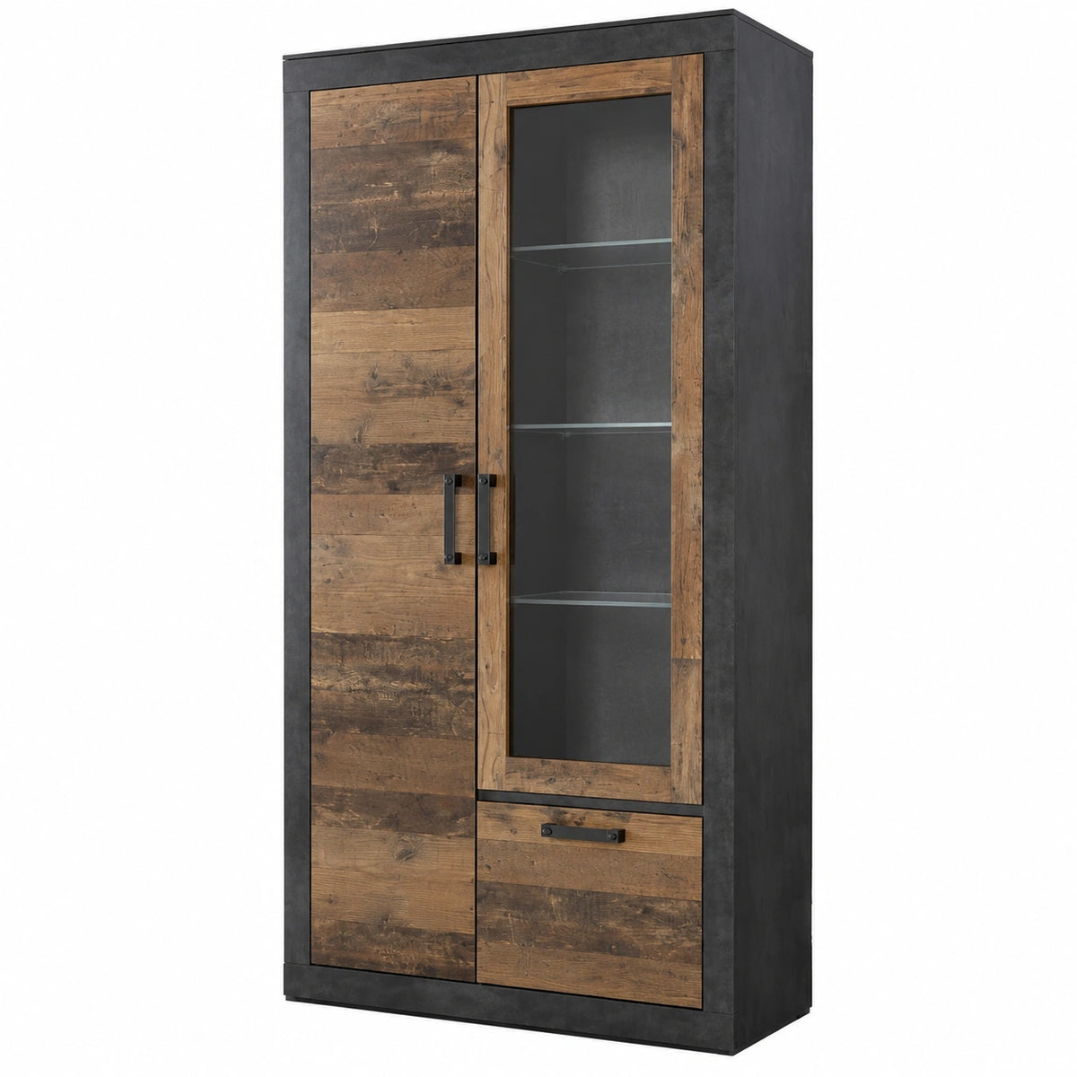 Vitrinenschrank – 40 cm, Industriestil, mit LED-Beleuchtung, Grau