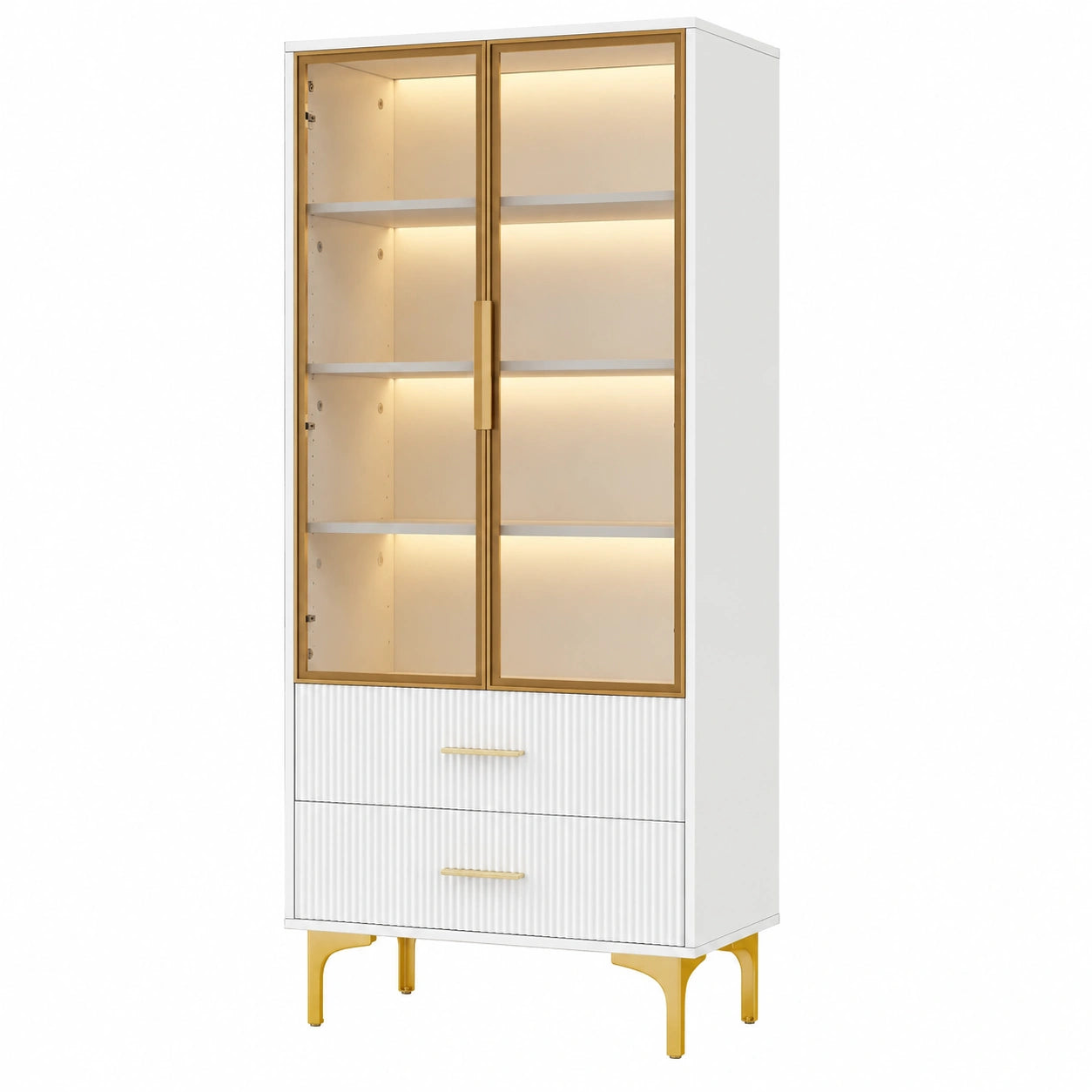 Glasvitrine – 70 × 35 × 150 cm, moderner Stil, mit LED-Beleuchtung, mit Schubladen, Weiß, für Wohnzimmer und Büro