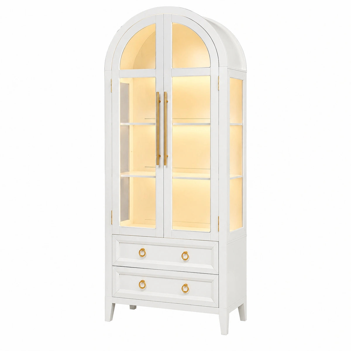 Glasvitrine – 180 cm, mit LED-Beleuchtung, mit Schubladen, aus Glas und Holz, für Wohnzimmer und Flur
