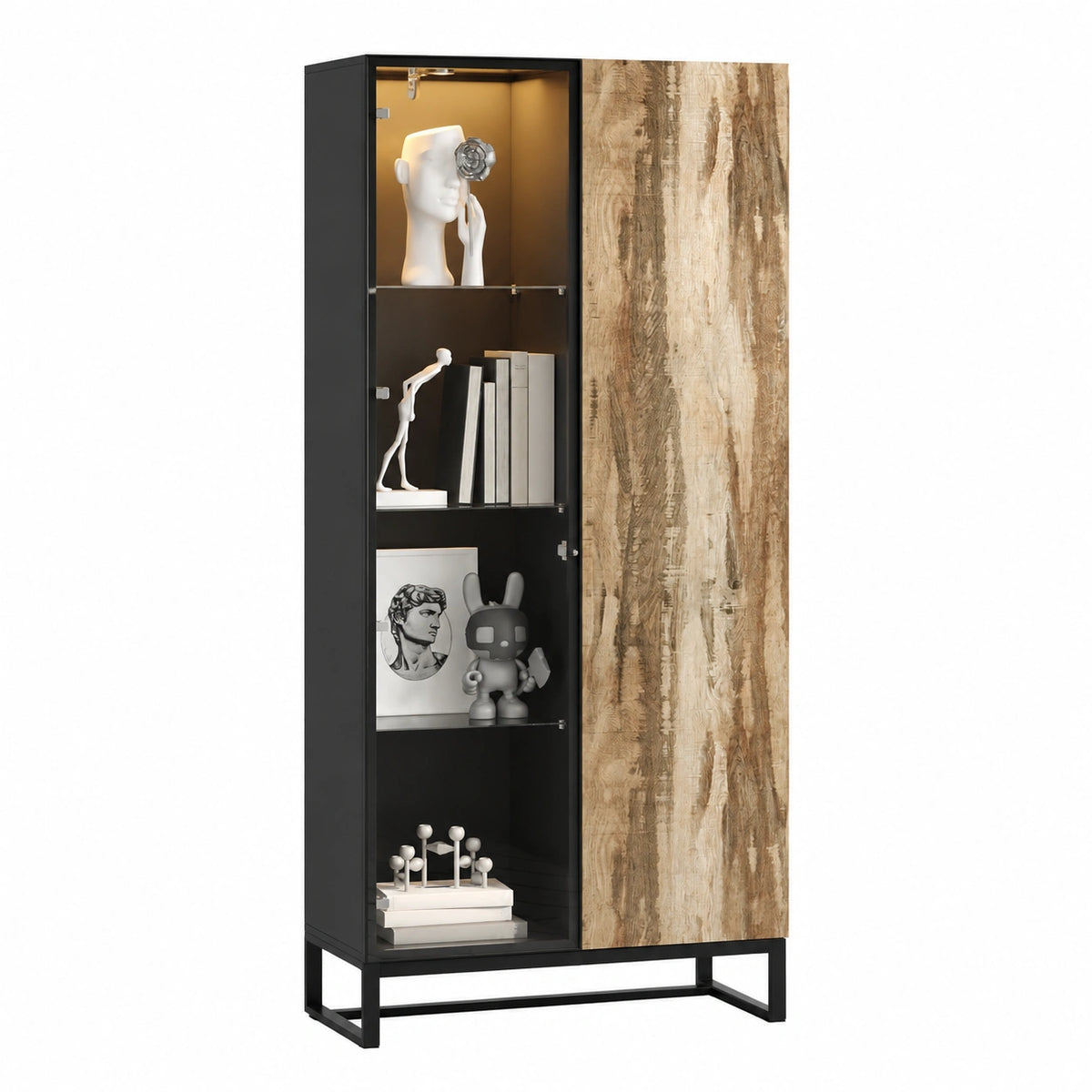 Vitrine – 80 × 41 × 175 cm, moderner Stil, mit LED-Beleuchtung, aus Glas und Holz, Schwarz
