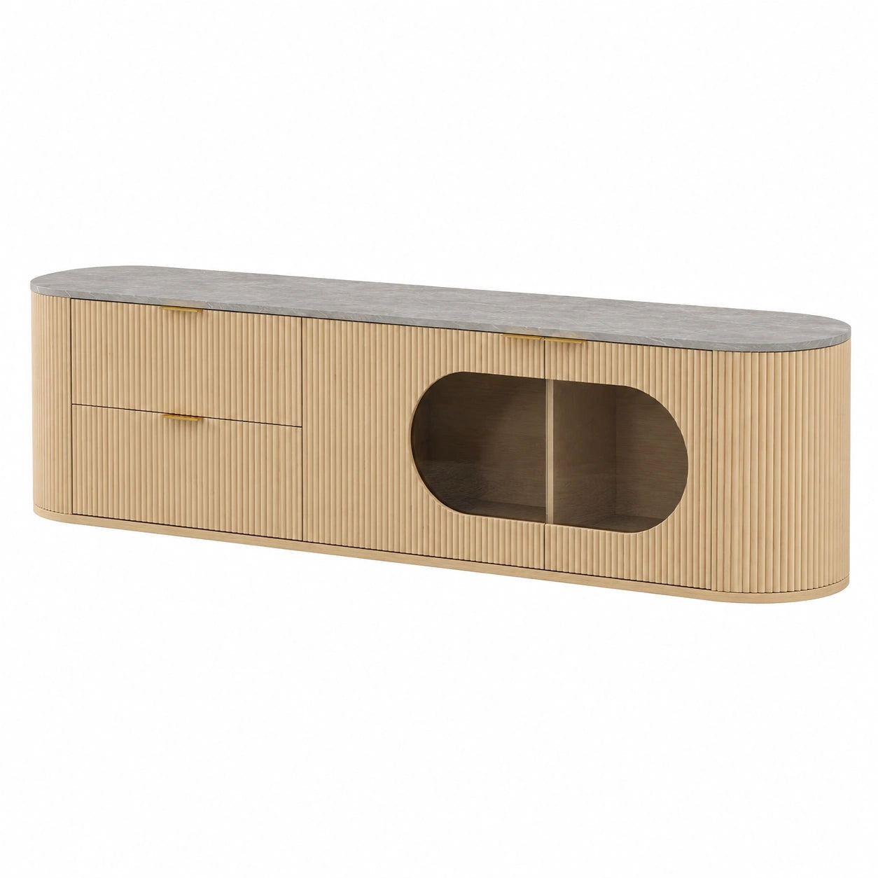 TV-Schrank – minimalistischer Stil, ovale Form, mit Stauraum, aus Glas