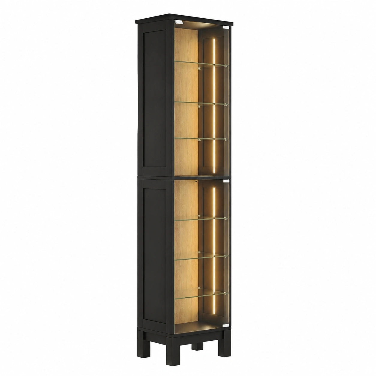 Glasvitrine – 180 × 40 cm, moderner Stil, mit LED-Beleuchtung, mit Ablagen, aus Holz, Schwarz, für Wohnzimmer und Schlafzimmer