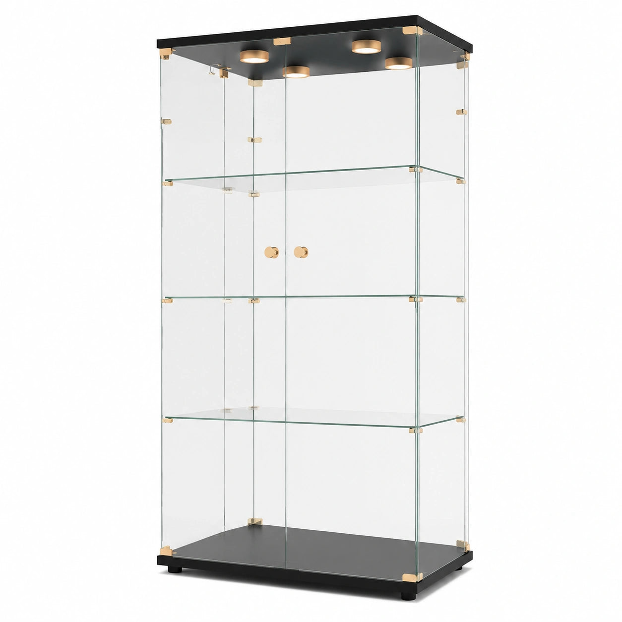 Glasvitrine – mit LED-Beleuchtung, mit mehreren Türen, aus Glas, Schwarz, für Wohnzimmer, Schlafzimmer und Büro