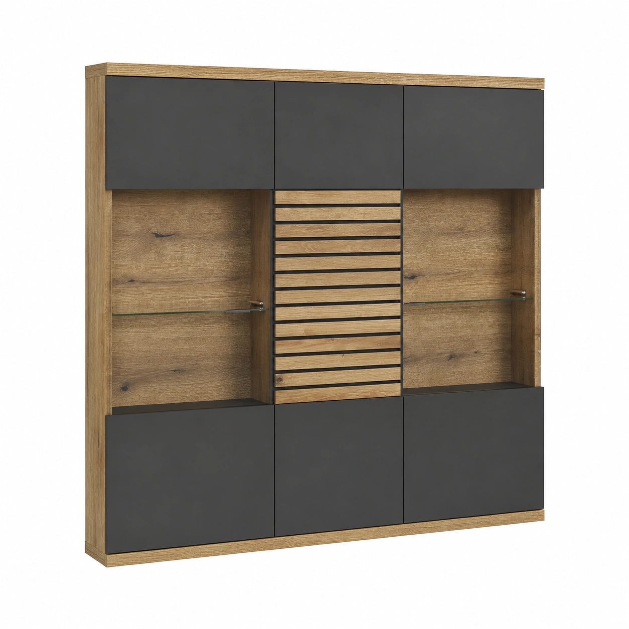 Vitrine – 131 × 147 × 38 cm, mit Schubladen, aus Eichenholz, Anthrazit