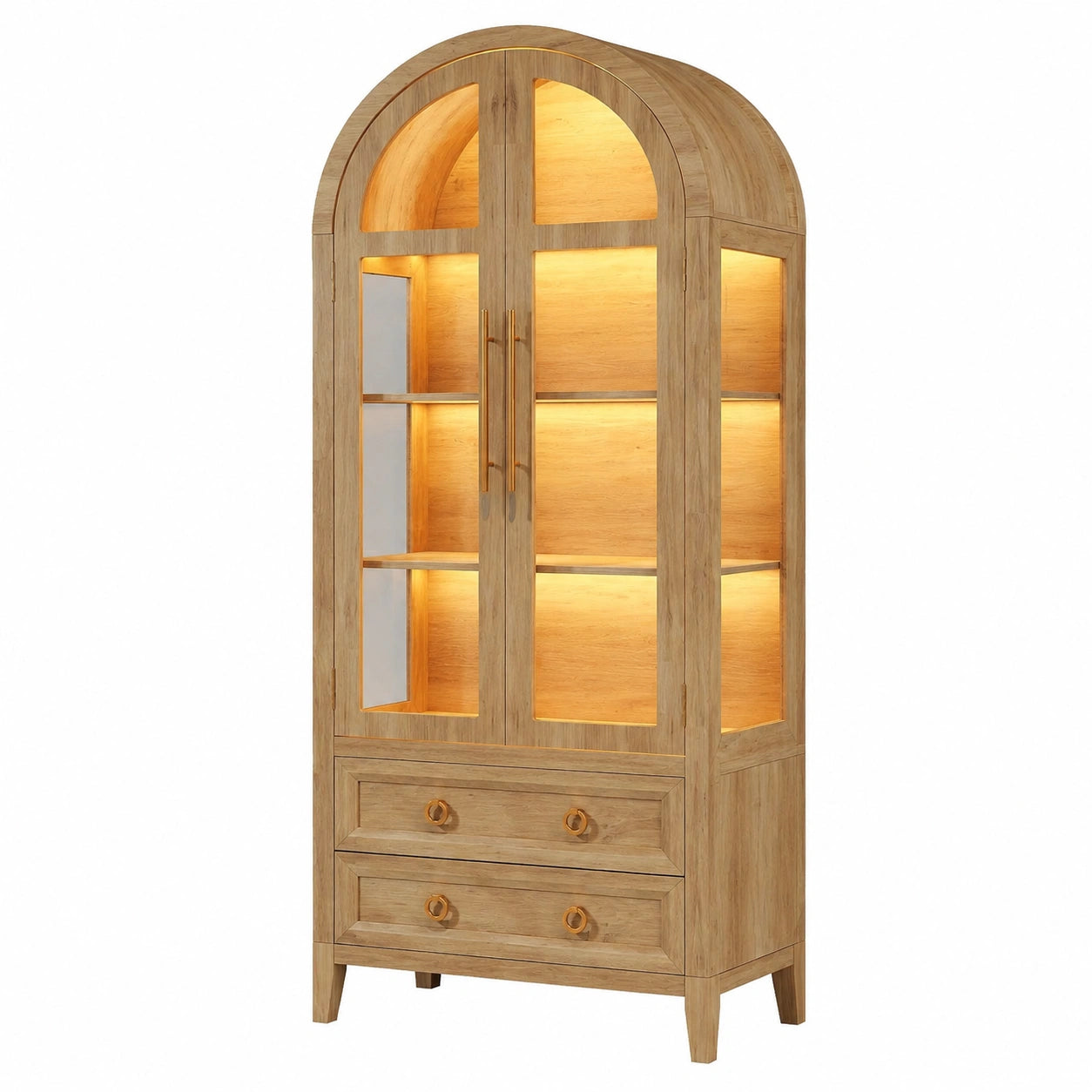 Glasvitrine – 180 cm, mit LED-Beleuchtung, mit Schubladen, aus Glas und Holz, für Wohnzimmer und Flur