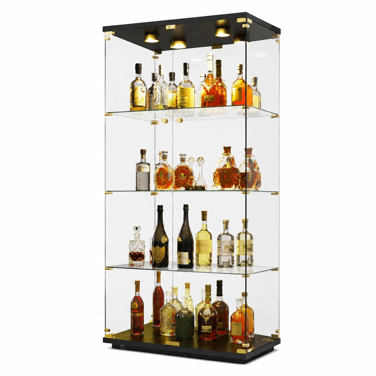 Glasvitrine – mit LED-Beleuchtung, mit mehreren Türen, aus Sicherheitsglas und Glas, Schwarz, für Wohnzimmer
